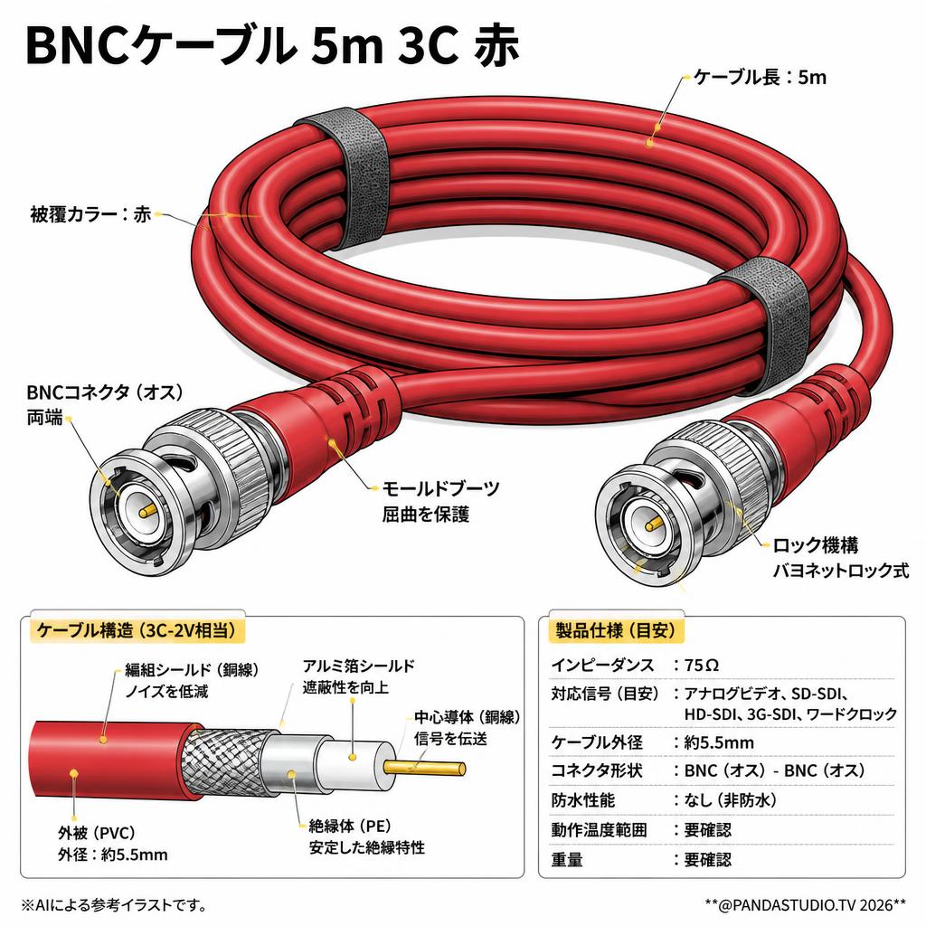 BNCケーブル 5m 3C  赤 スペック