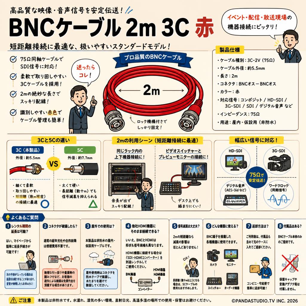 BNCケーブル 2m 3C 赤 FAQ（よくある質問と答え）