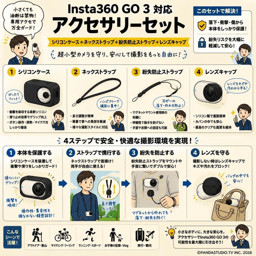 Insta360 GO 3 対応 アクセサリーセット【シリコンケース＋ネックストラップ＋紛失防止ストラップ＋レンズキャップ 】 概要