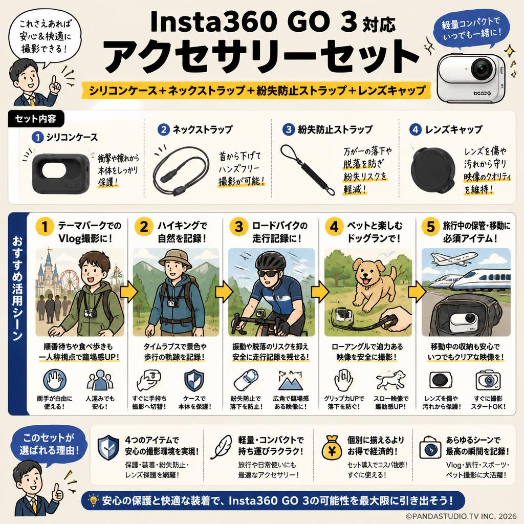 Insta360 GO 3 対応 アクセサリーセット【シリコンケース＋ネックストラップ＋紛失防止ストラップ＋レンズキャップ 】 用途