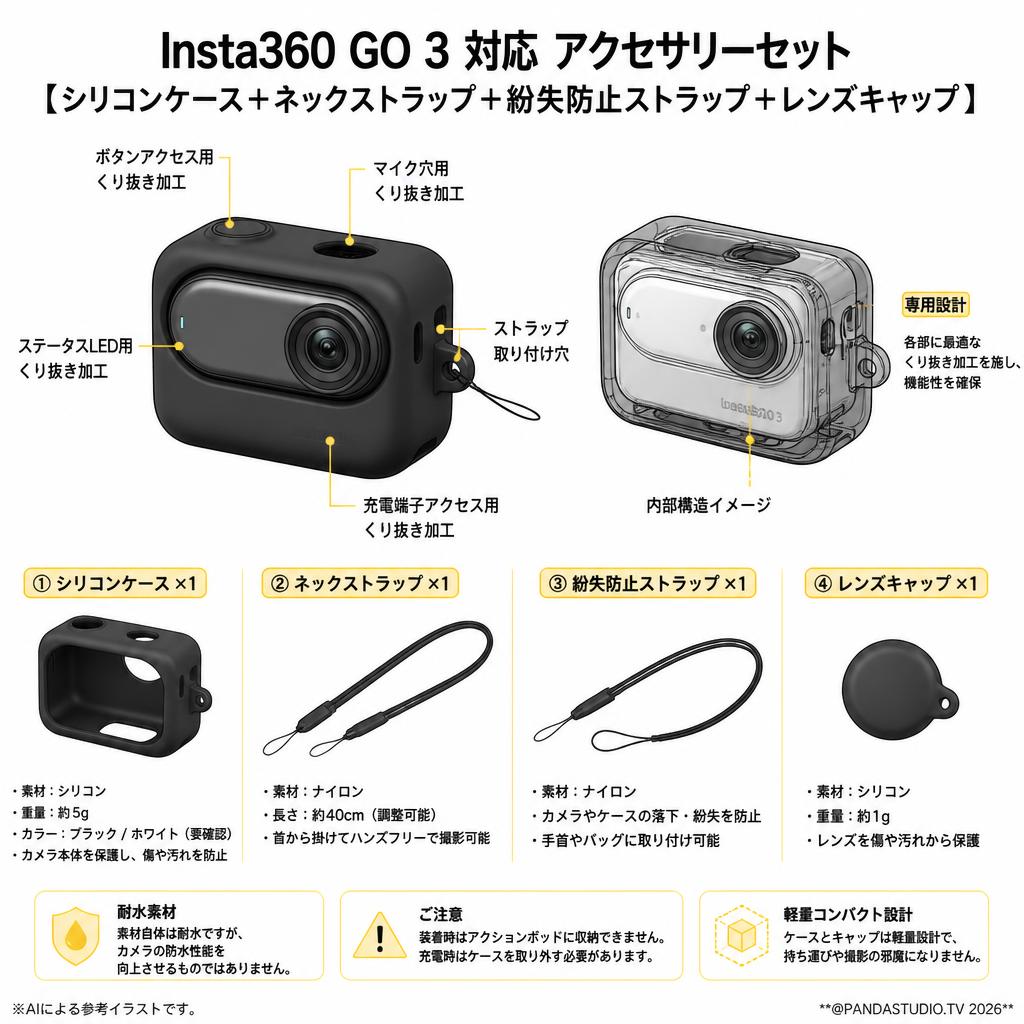 Insta360 GO 3 対応 アクセサリーセット【シリコンケース＋ネックストラップ＋紛失防止ストラップ＋レンズキャップ 】 スペック