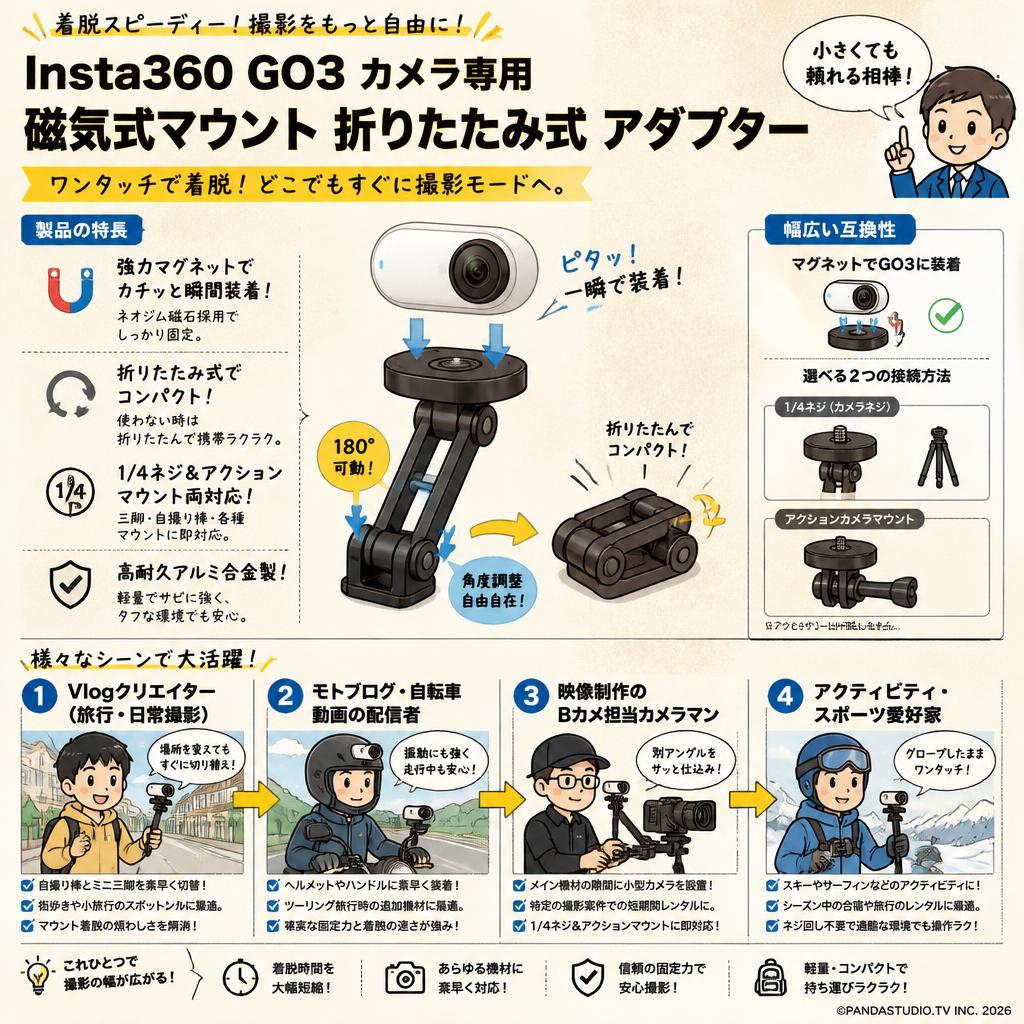 Insta360 GO3 カメラ専用 磁気式マウント 折りたたみ式 アダプター おもな対象のお客様