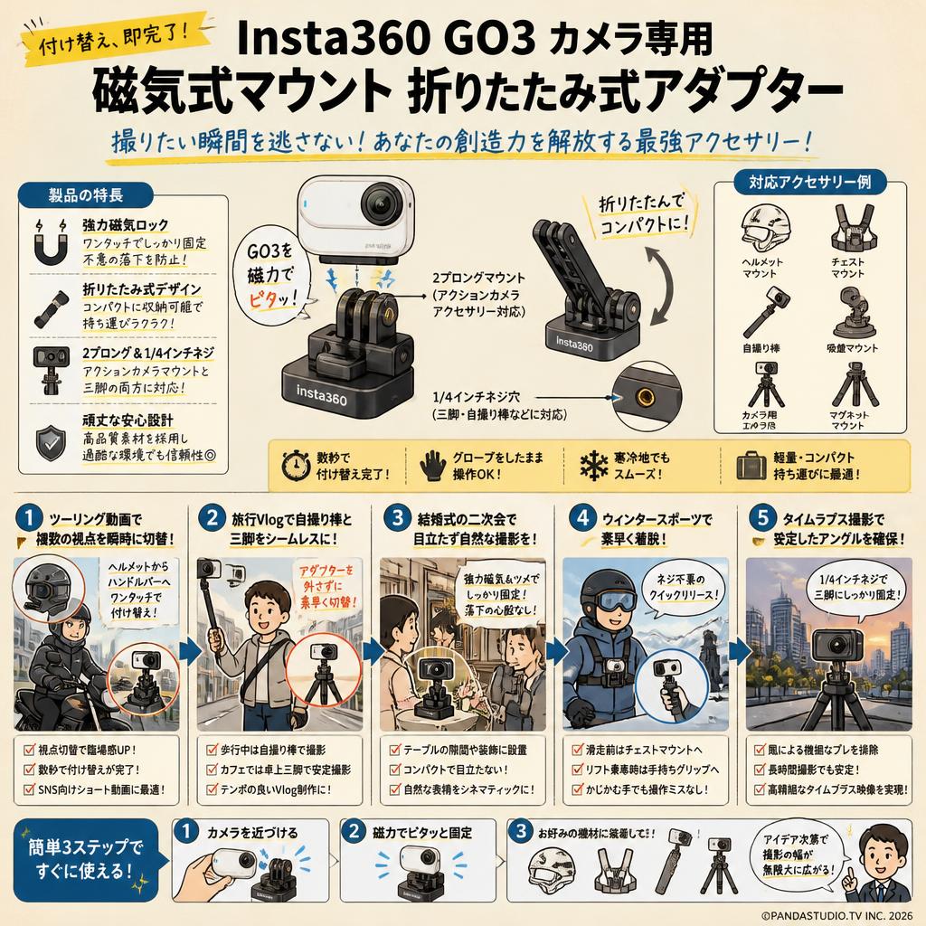 Insta360 GO3 カメラ専用 磁気式マウント 折りたたみ式 アダプター 用途
