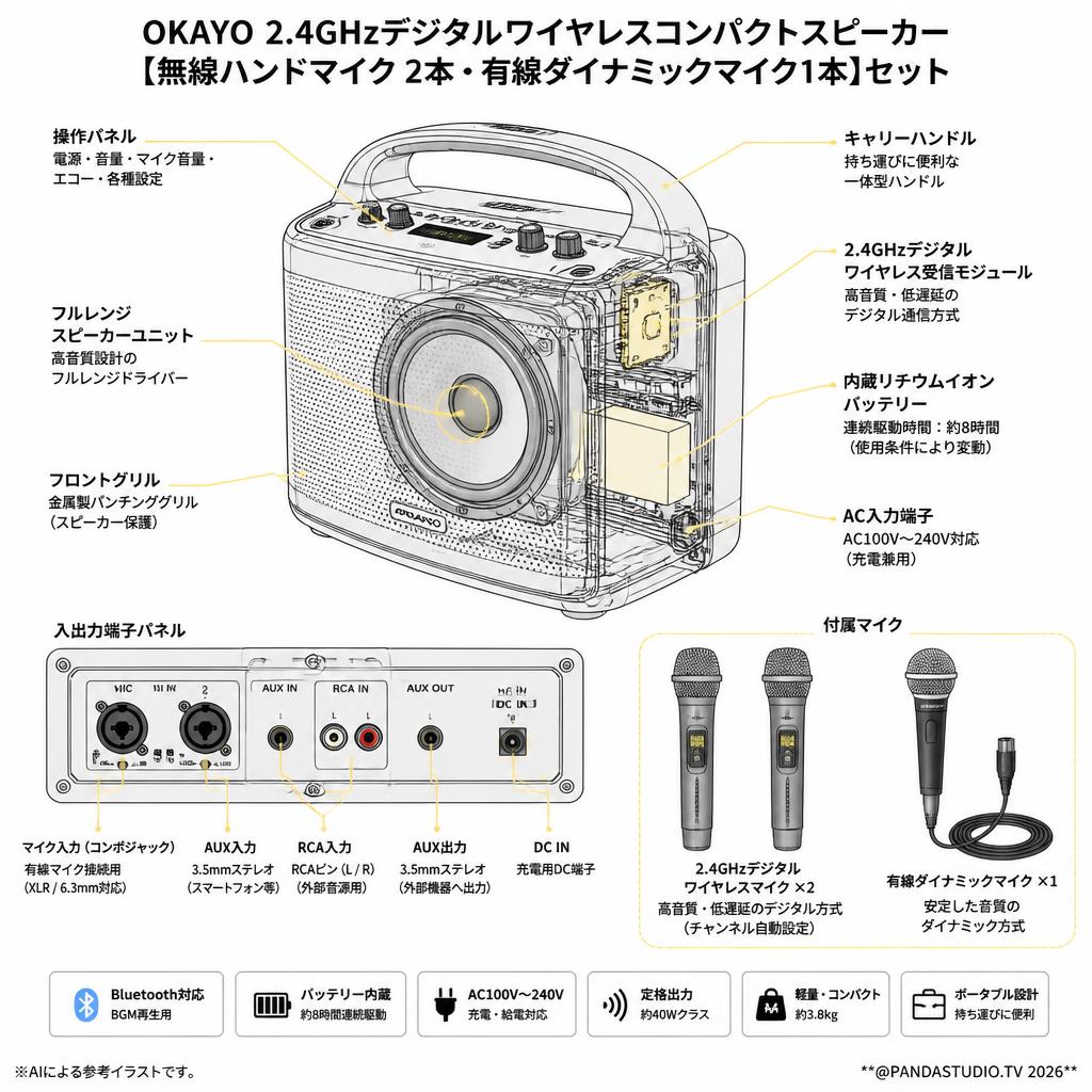 OKAYO 2.4GHzデジタルワイヤレスコンパクトスピーカー 【無線ハンドマイク2本・有線ダイナミックマイク1本】セット スペック