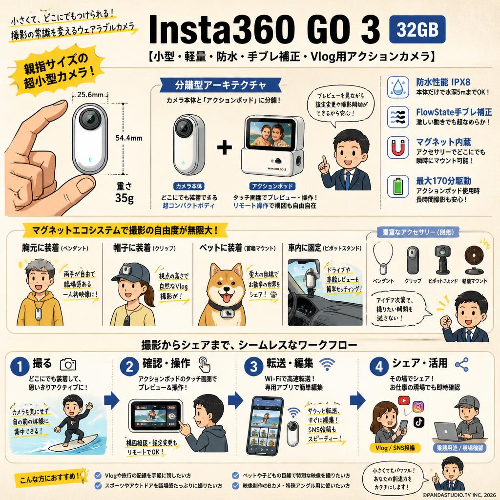 Insta360 GO 3 32GB【小型・軽量・防水・手ブレ補正・Vlog用アクションカメラ】 概要