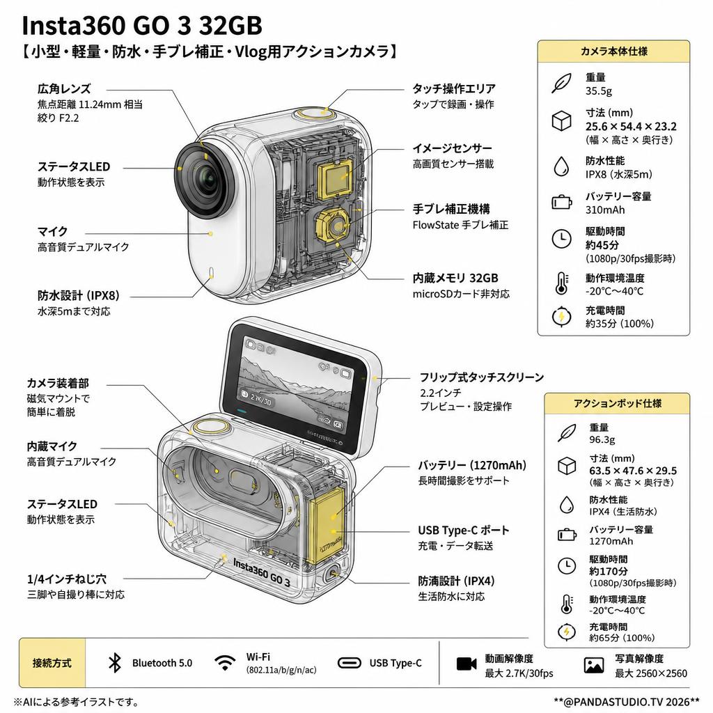 Insta360 GO 3 32GB【小型・軽量・防水・手ブレ補正・Vlog用アクションカメラ】 スペック