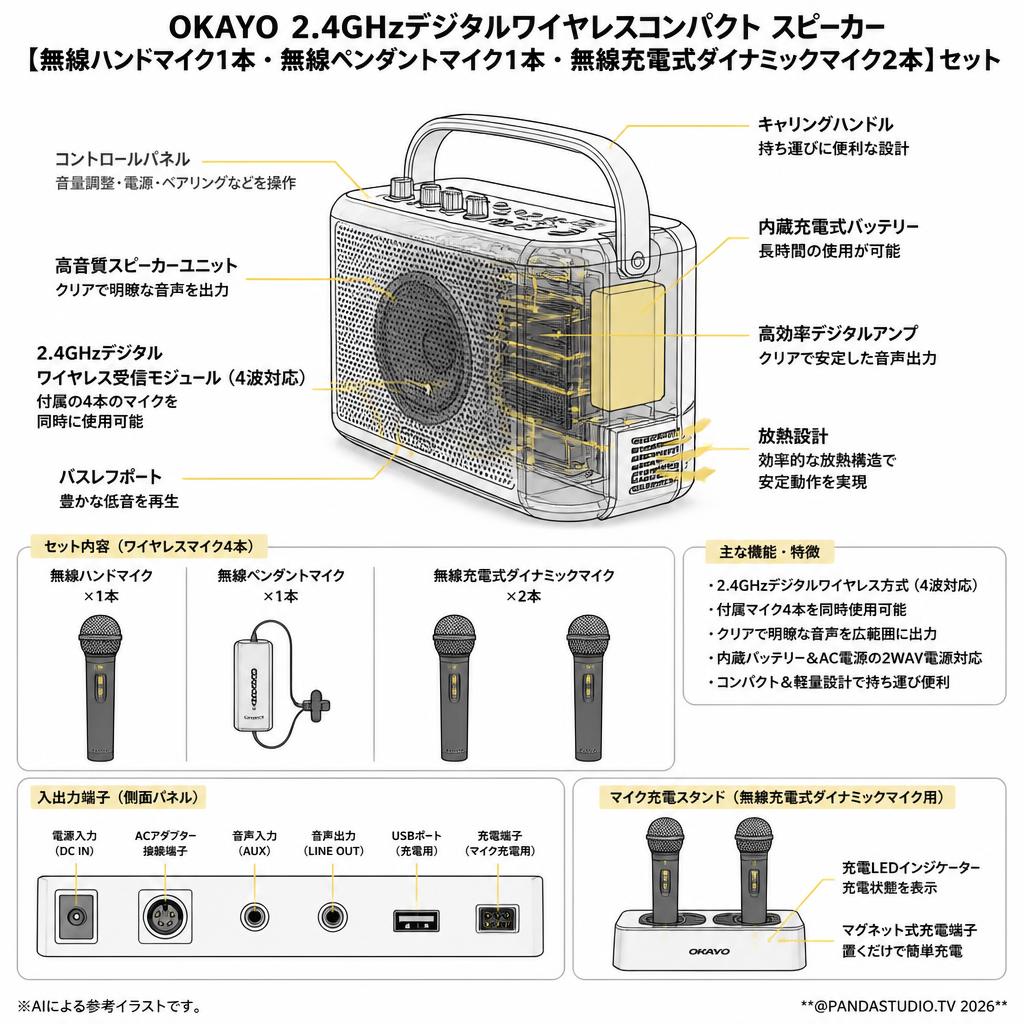 OKAYO 2.4GHzデジタルワイヤレスコンパクト スピーカー【無線ハンドマイク1本・無線ペンダントマイク1本・無線充電式ダイナミックマイク2本】セット スペック
