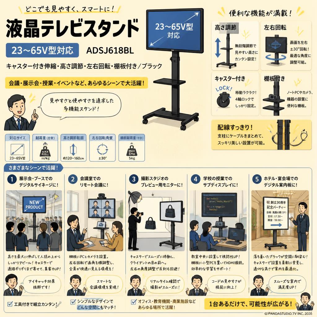 液晶テレビスタンド（23~65V型対応）キャスター付き伸縮 高さ調節 左右回転 棚板付き ブラック ADSJ618BL 用途