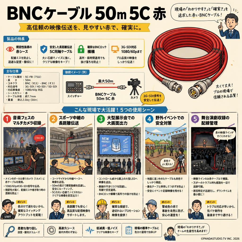 BNCケーブル 50m 5C 赤 用途