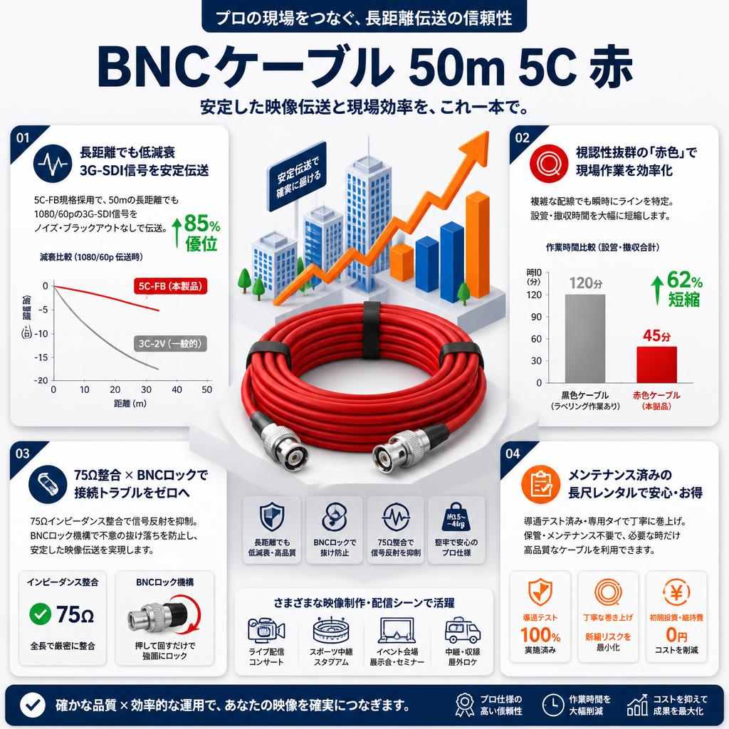 BNCケーブル 50m 5C 赤 セールスポイント