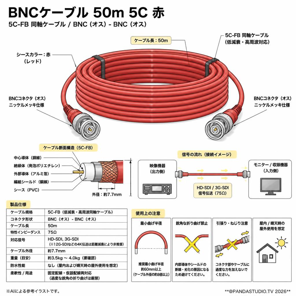 BNCケーブル 50m 5C 赤 スペック