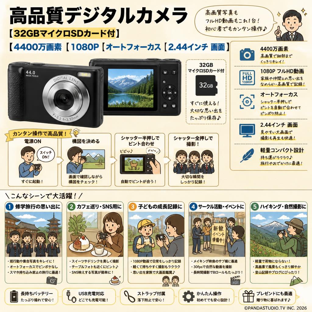 高品質デジタルカメラ【32GBマイクロSDカード付】【4400万画素 1080P オートフォーカス 2.44インチ 画面 】 用途