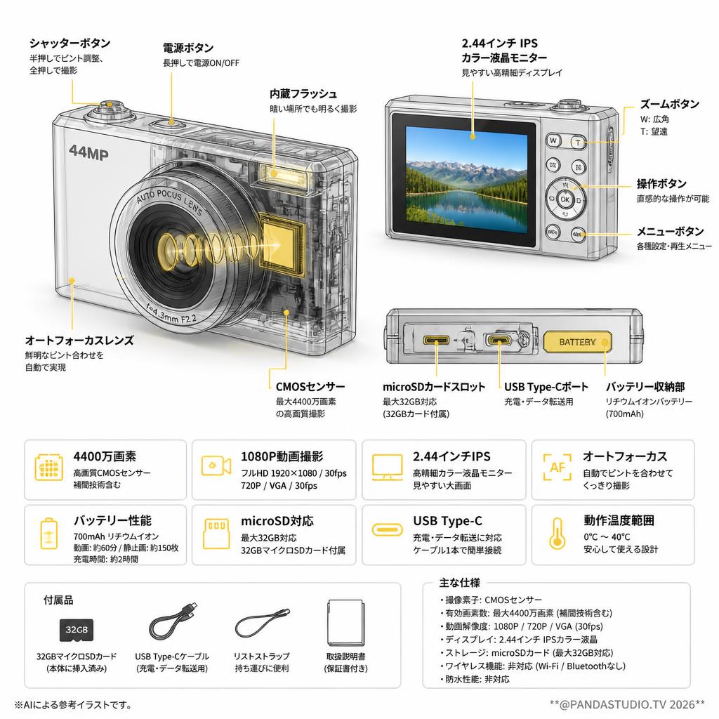 高品質デジタルカメラ【32GBマイクロSDカード付】【4400万画素 1080P オートフォーカス 2.44インチ 画面 】 スペック