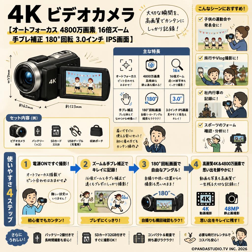 4K ビデオカメラ【オートフォーカス 4800万画素 16倍ズーム 手ブレ補正 180°回転 3.0インチ IPS画面 】 おもな対象のお客様