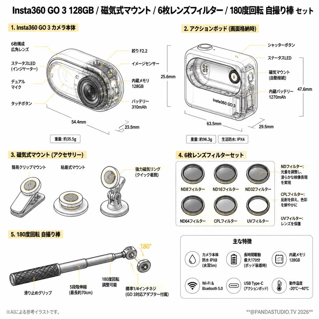 Insta360 GO 3 128GB / 磁気式マウント / 6枚レンズ フィルター/ 180度回転 自撮り棒  セット スペック