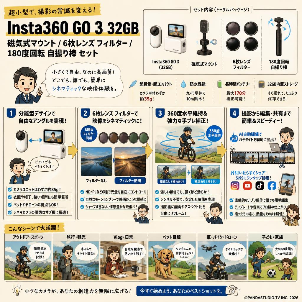 Insta360 GO 3 32GB / 磁気式マウント / 6枚レンズ フィルター/ 180度回転 自撮り棒 セット 概要