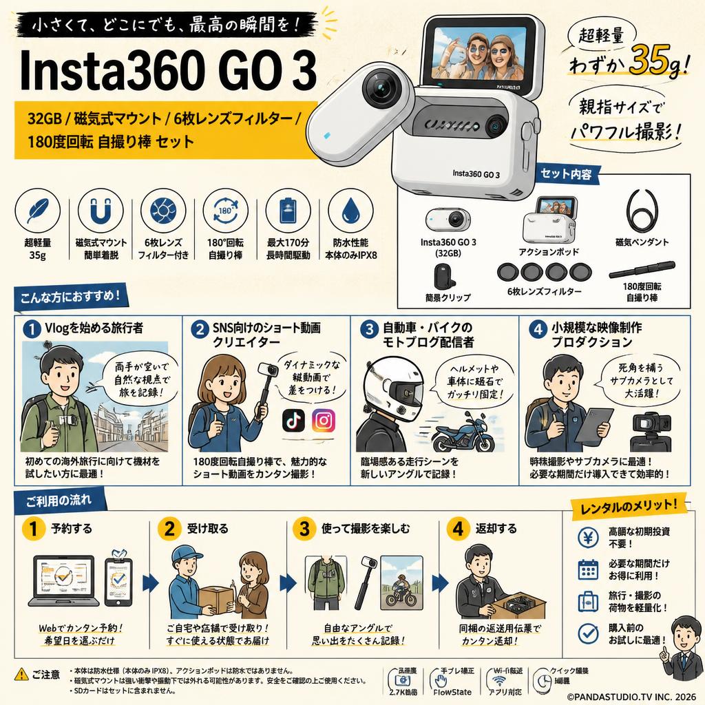 Insta360 GO 3 32GB / 磁気式マウント / 6枚レンズ フィルター/ 180度回転 自撮り棒 セット おもな対象のお客様