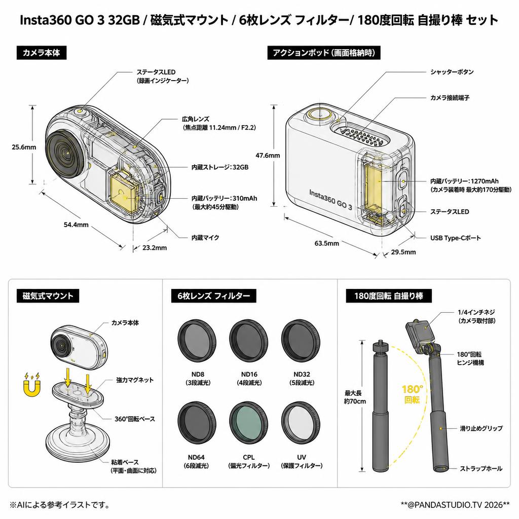 Insta360 GO 3 32GB / 磁気式マウント / 6枚レンズ フィルター/ 180度回転 自撮り棒 セット スペック