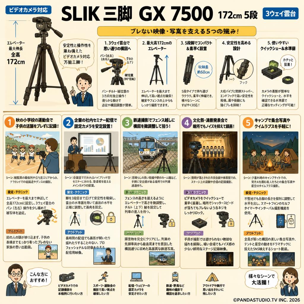 SLIK 三脚  GX 7500 172cm 5段 ビデオカメラ対応 3ウェイ雲台 用途