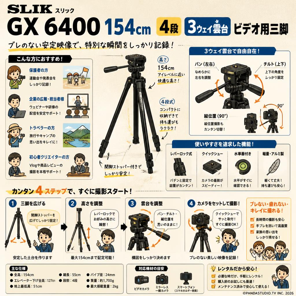 SLIK スリック GX 6400 154cm 4段  3ウェイ雲台 ビデオ用三脚 おもな対象のお客様