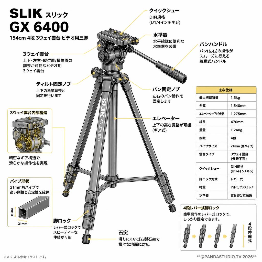 SLIK スリック GX 6400 154cm 4段  3ウェイ雲台 ビデオ用三脚 スペック