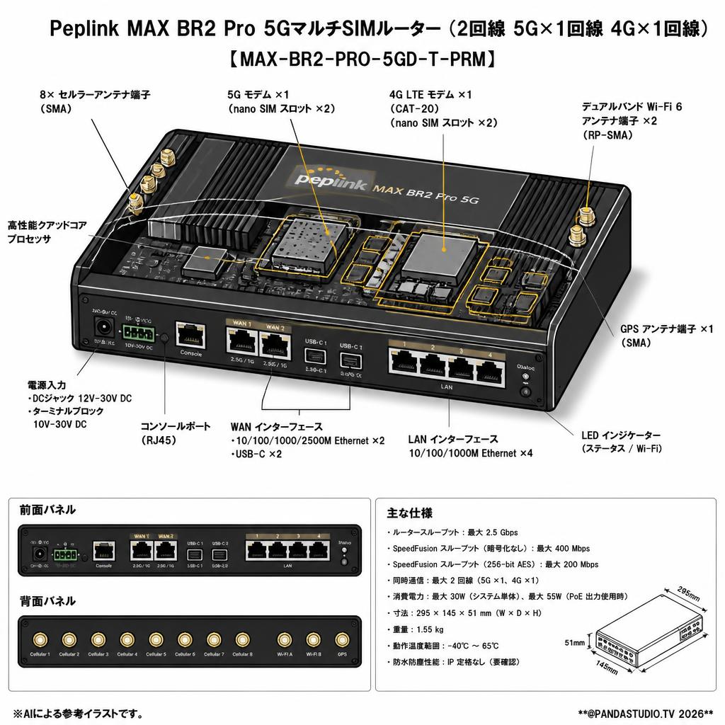 Peplink MAX BR2 Pro 5GマルチSIMルーター（2回線 5G×1回線 4G×1回線）【MAX-BR2-PRO-5GD-T-PRM】 スペック