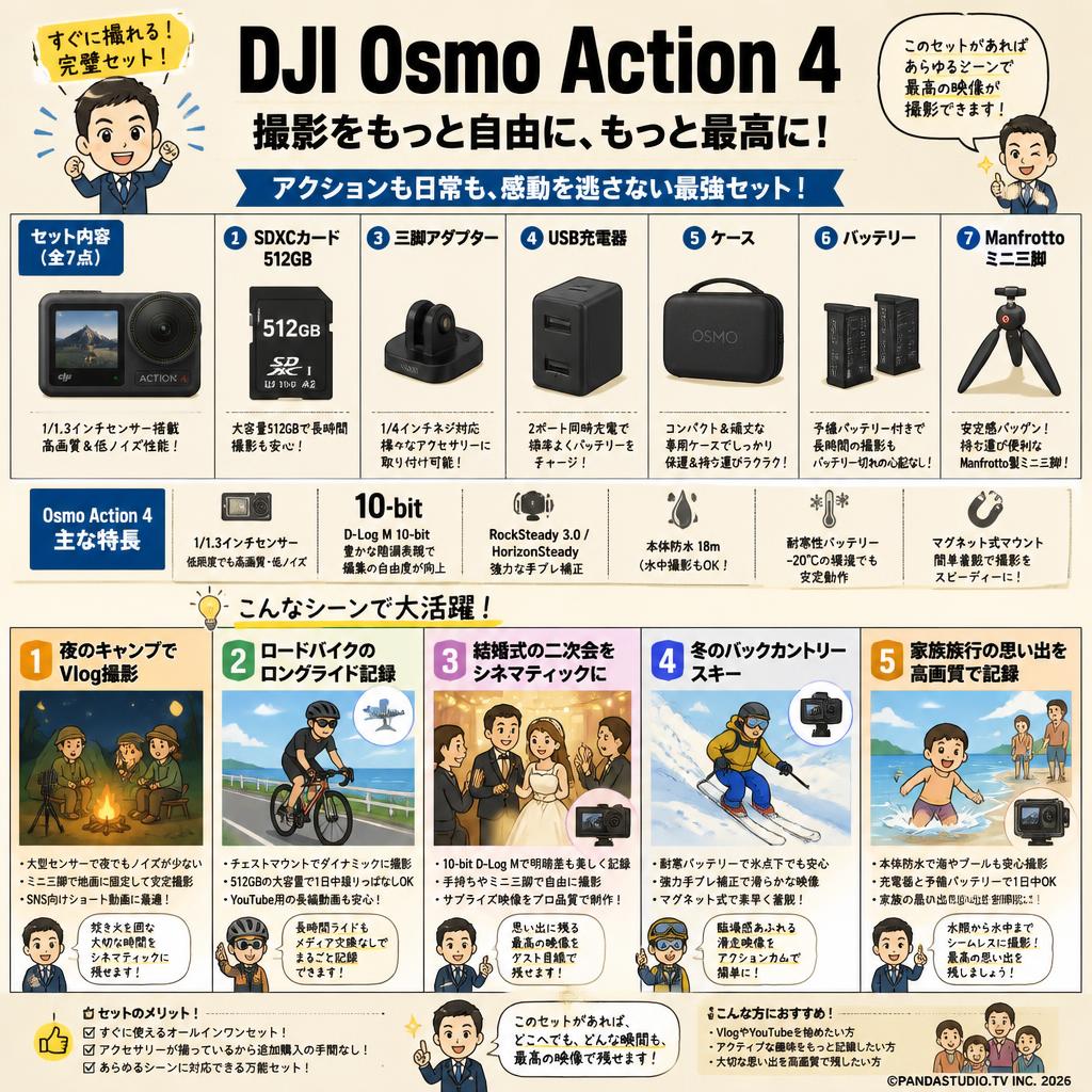 DJI Osmo Action 4・SDXCカード512GB ・三脚アダプター・USB充電器 ケース・バッテリー・Manfrottoミニ三脚  セット 用途