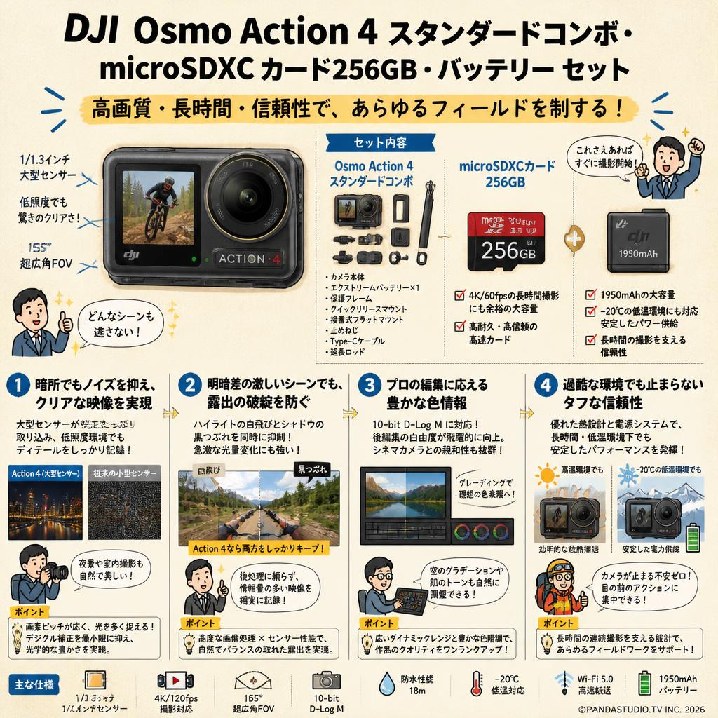 DJI  Osmo Action 4 スタンダードコンボ・ microSDXCカード256GB・バッテリー セット 概要