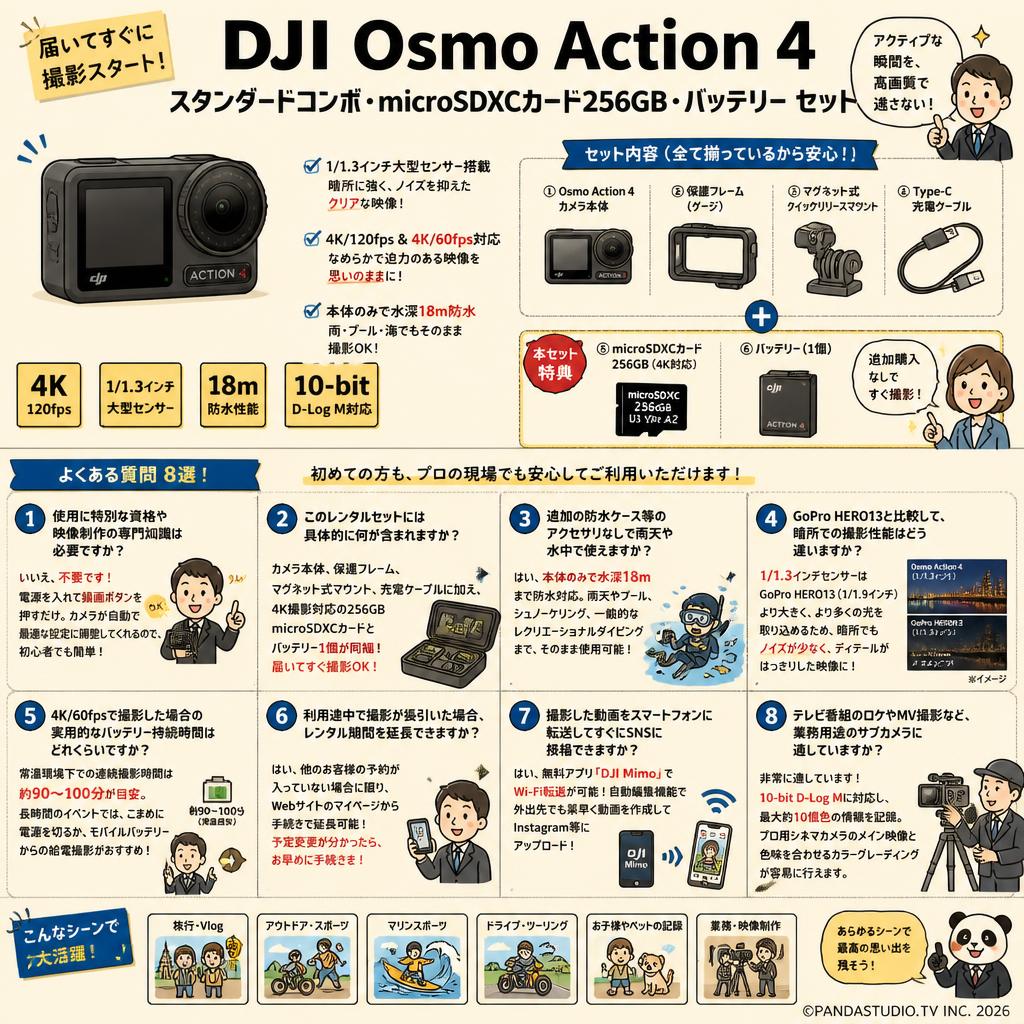 DJI  Osmo Action 4 スタンダードコンボ・ microSDXCカード256GB・バッテリー セット FAQ（よくある質問と答え）