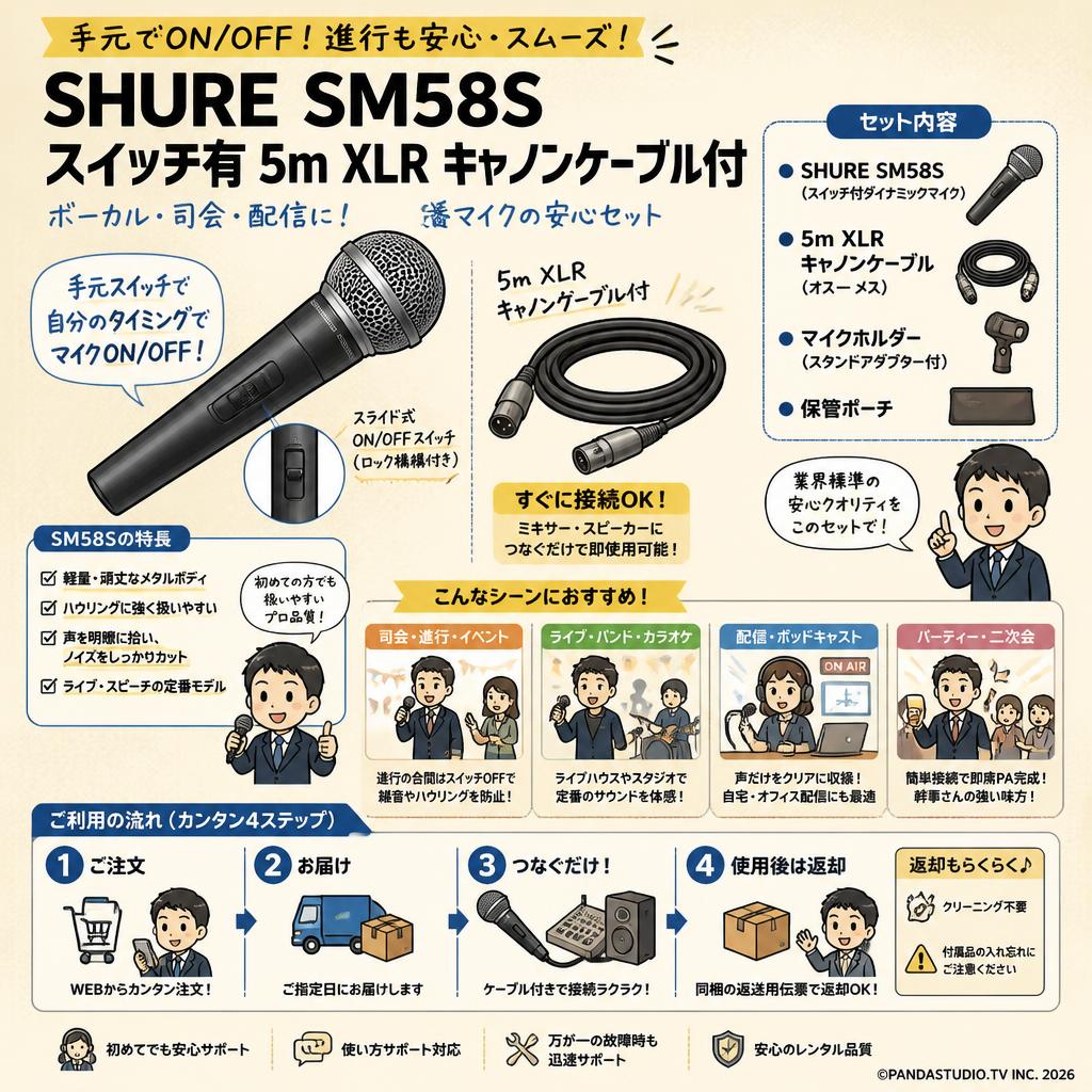 SHURE SM58S スイッチ有 5m XLR キャノンケーブル付 おもな対象のお客様