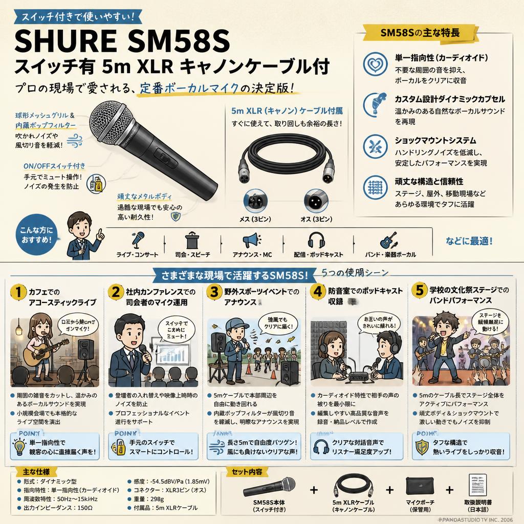 SHURE SM58S スイッチ有 5m XLR キャノンケーブル付 用途