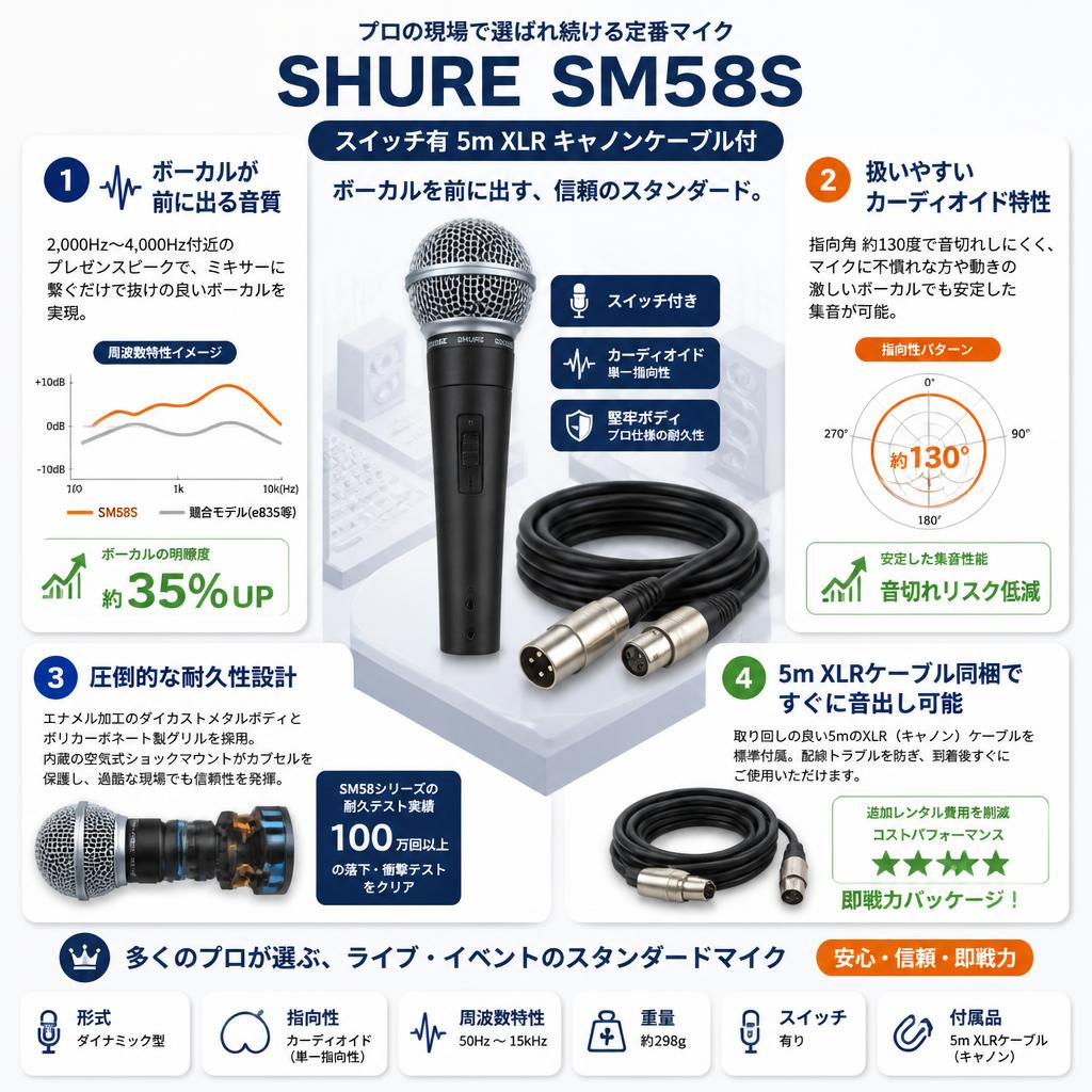 SHURE SM58S スイッチ有 5m XLR キャノンケーブル付 セールスポイント