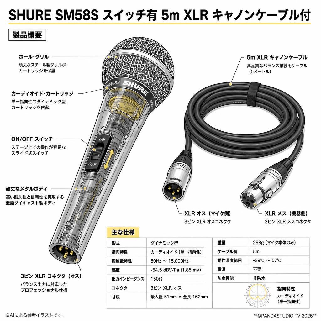 SHURE SM58S スイッチ有 5m XLR キャノンケーブル付 スペック