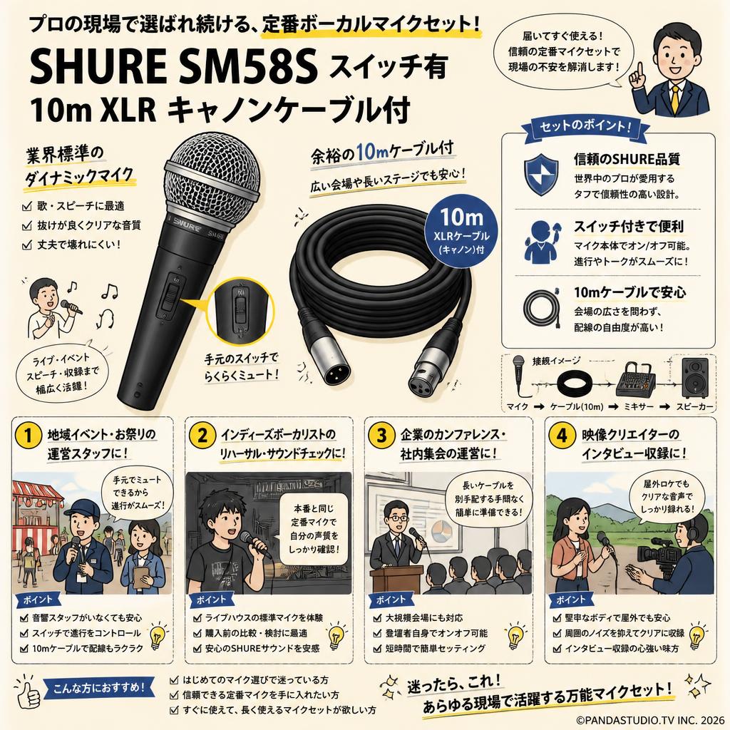 SHURE SM58S スイッチ有 10m XLR キャノンケーブル付 おもな対象のお客様
