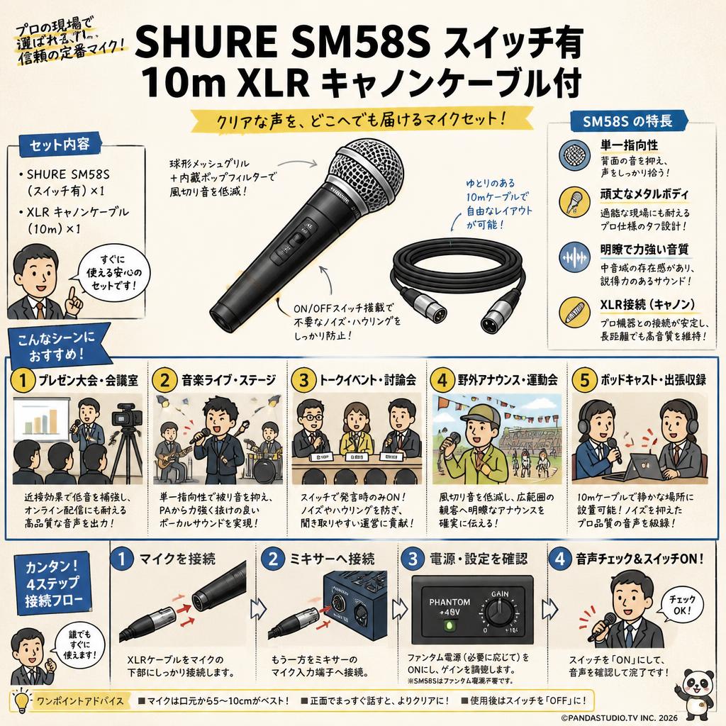 SHURE SM58S スイッチ有 10m XLR キャノンケーブル付 用途