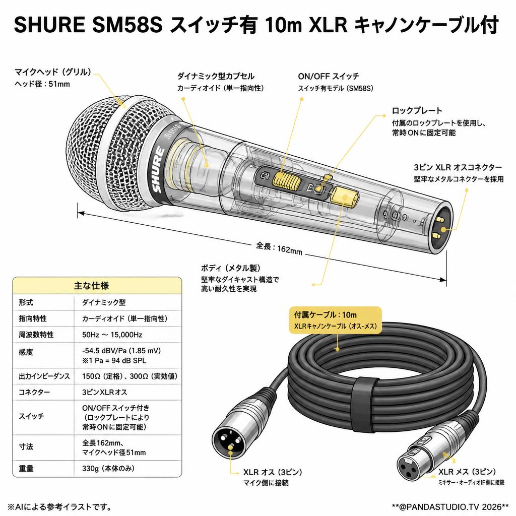 SHURE SM58S スイッチ有 10m XLR キャノンケーブル付 スペック