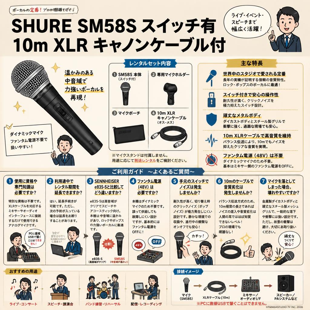 SHURE SM58S スイッチ有 10m XLR キャノンケーブル付 FAQ（よくある質問と答え）