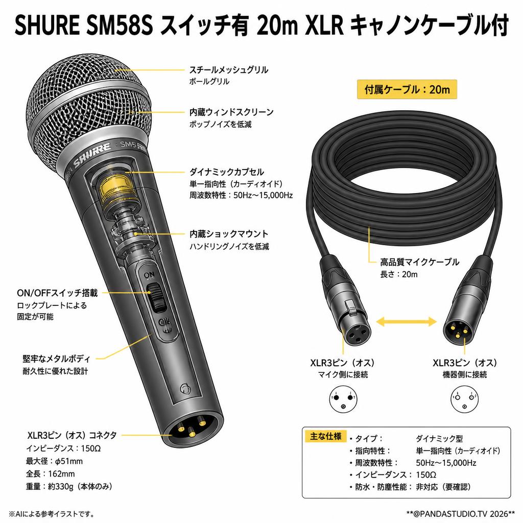 SHURE SM58S スイッチ有 20m XLR キャノンケーブル付 スペック
