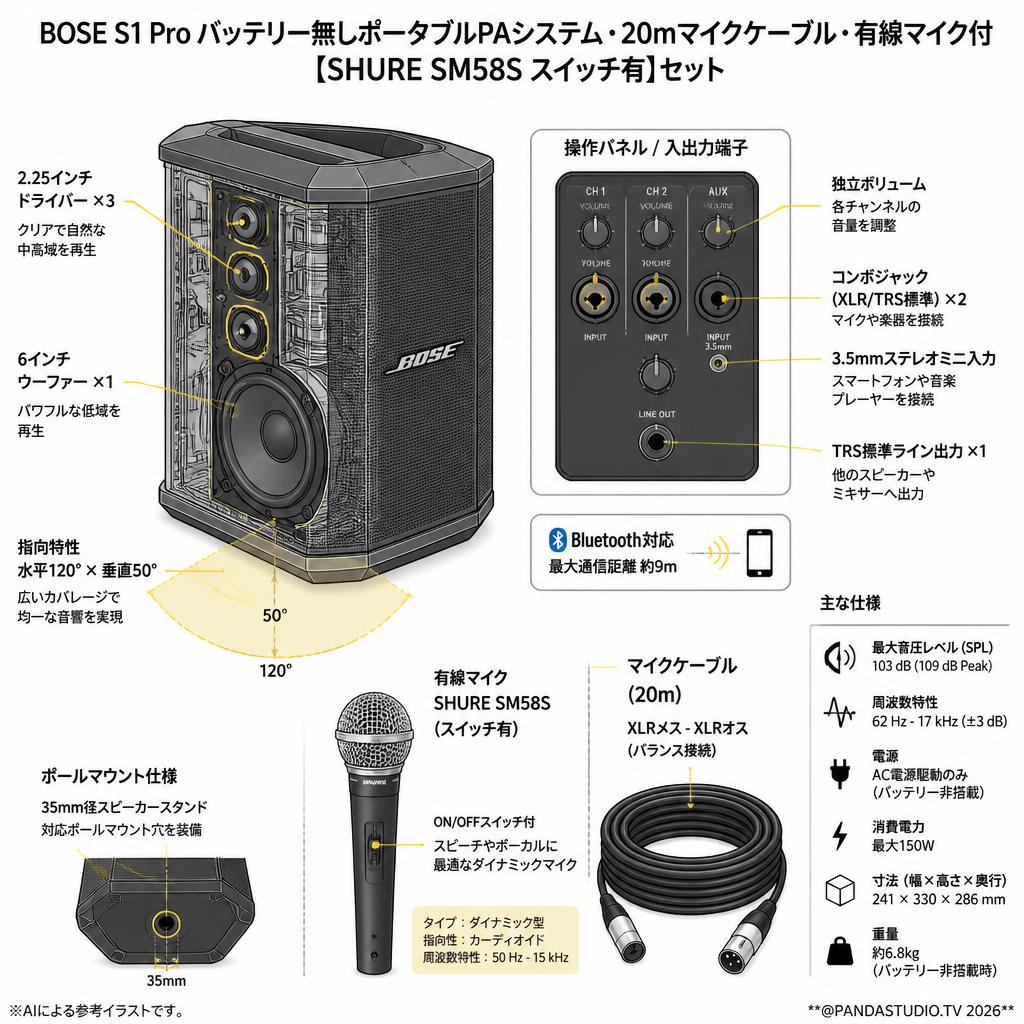 BOSE S1 Pro  バッテリー無しポータブルPAシステム・20mマイクケーブル・有線マイク付【SHURE SM58S スイッチ有】セット スペック