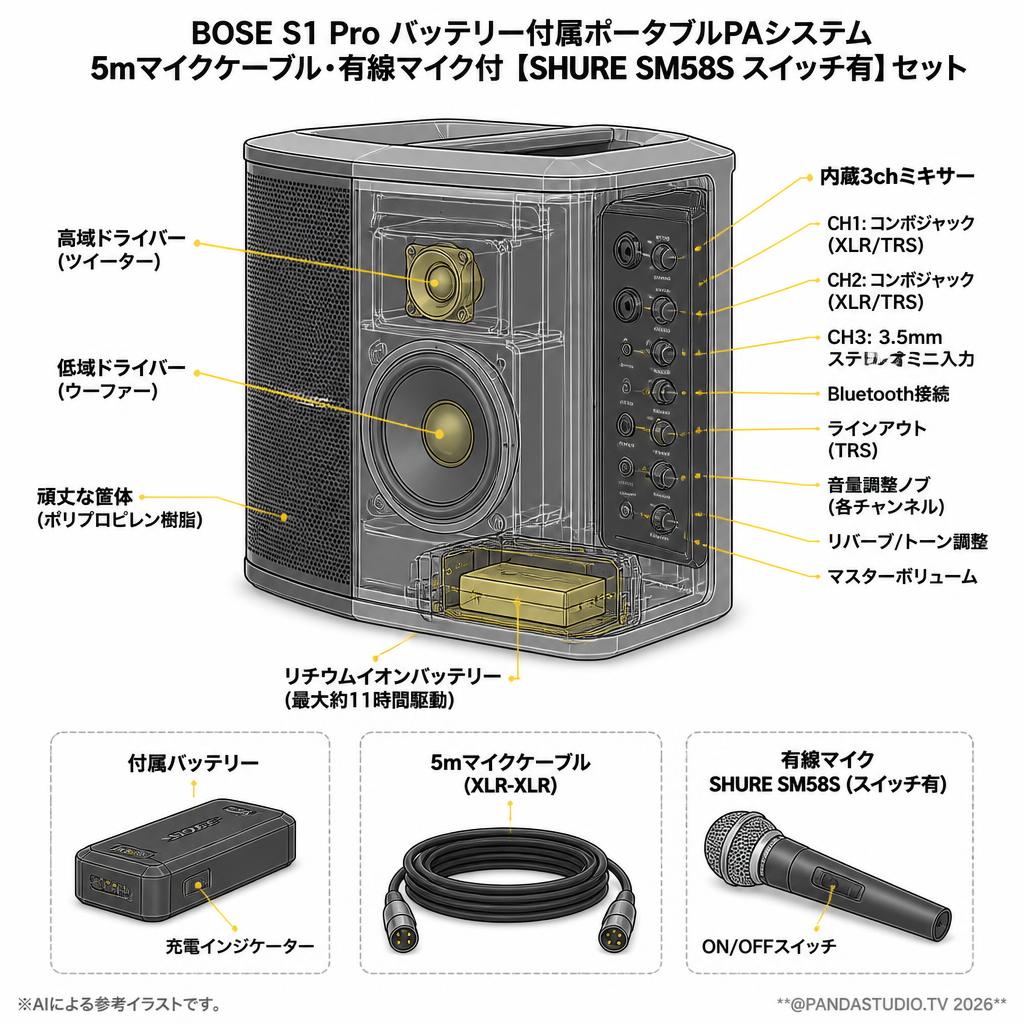 BOSE S1 Pro バッテリー付属ポータブルPAシステム・5mマイクケーブル・有線マイク付【SHURE SM58S スイッチ有】セット スペック