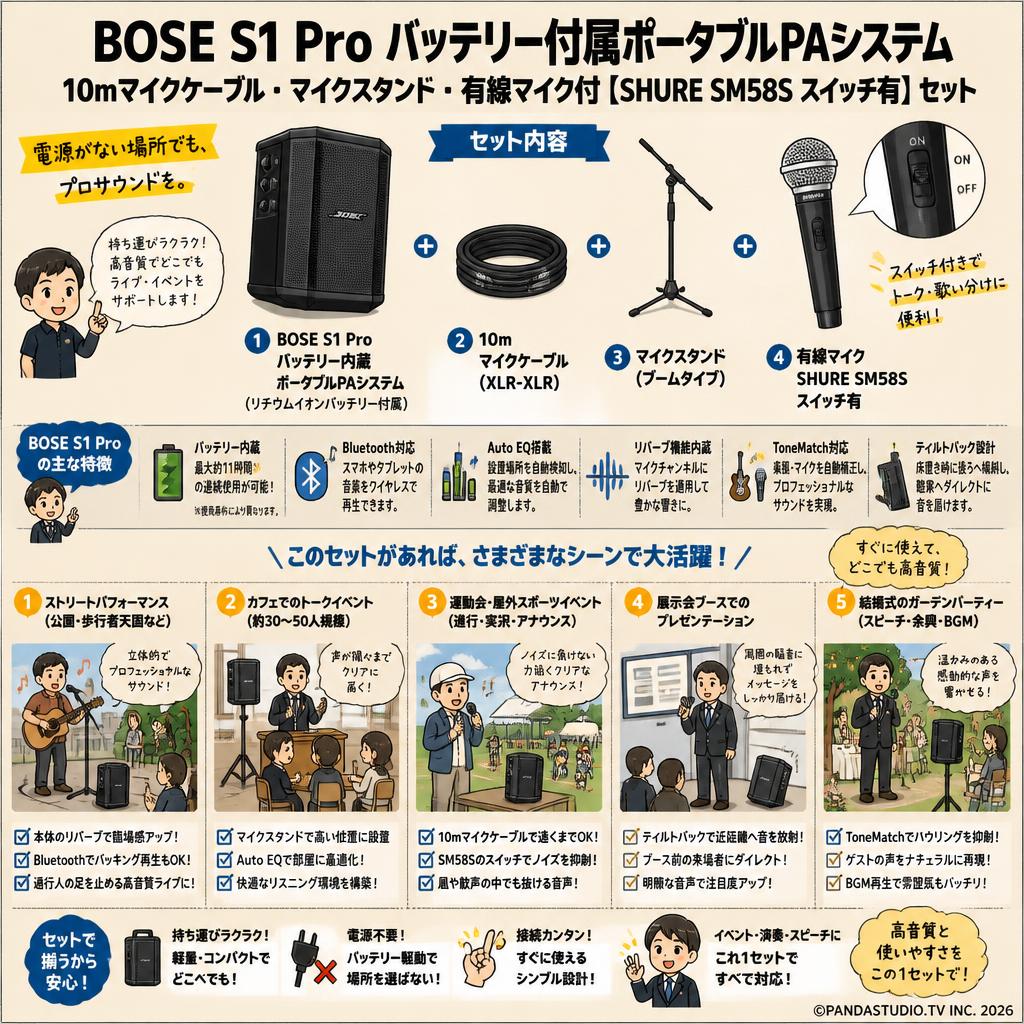 BOSE S1 Pro バッテリー付属ポータブルPAシステム・10mマイクケーブル・マイクスタンド・有線マイク付【SHURE SM58S スイッチ有】セット 用途