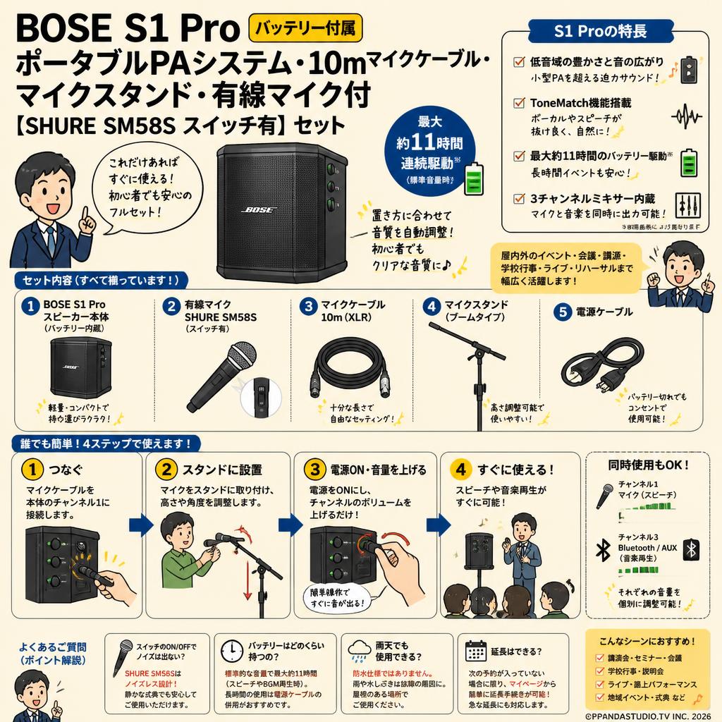 BOSE S1 Pro バッテリー付属ポータブルPAシステム・10mマイクケーブル・マイクスタンド・有線マイク付【SHURE SM58S スイッチ有】セット FAQ（よくある質問と答え）