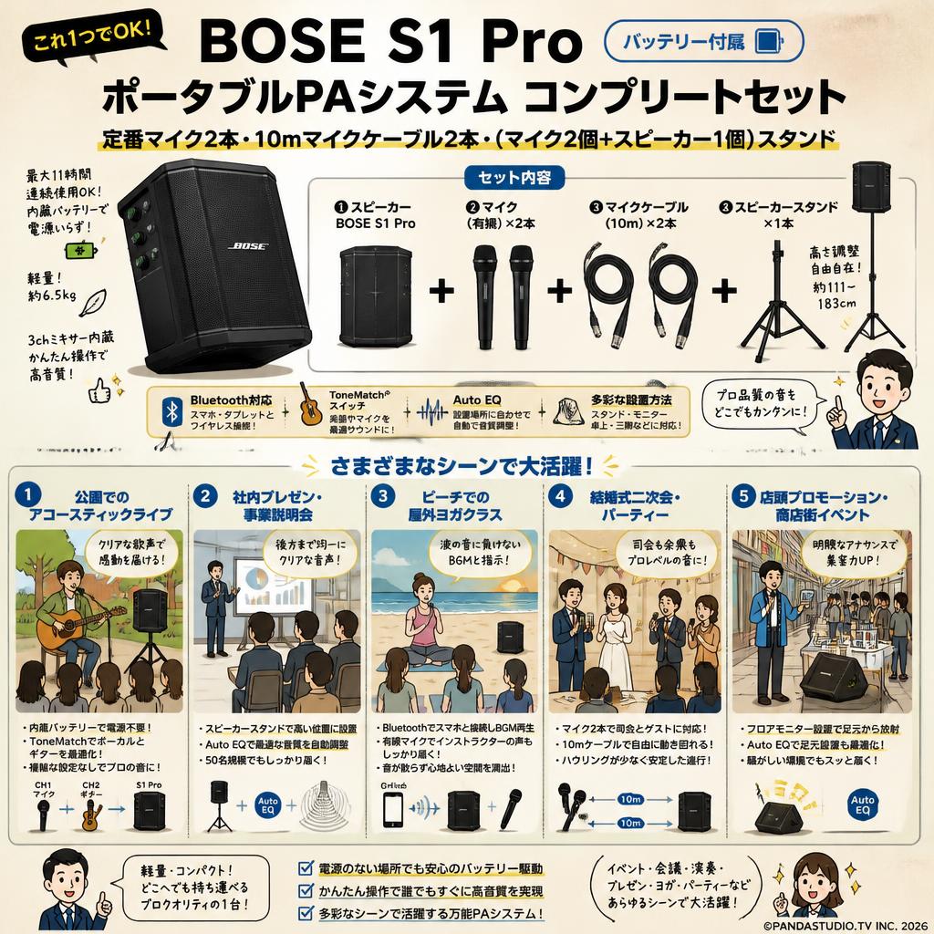 BOSE S1 Pro バッテリー付属ポータブルPAシステム コンプリートセット【定番マイク2本・10ｍマイクケーブル2本・（マイク2個+スピーカー1個）スタンド】 用途