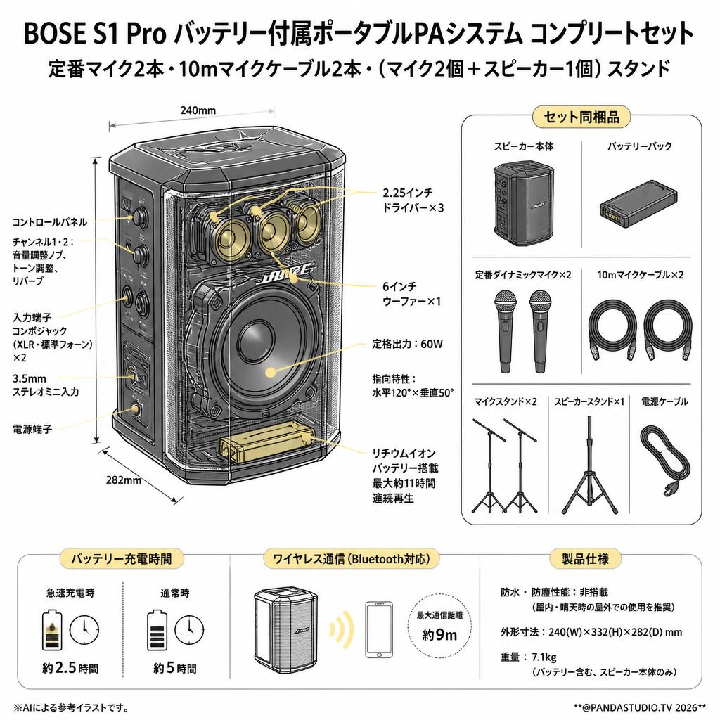 BOSE S1 Pro バッテリー付属ポータブルPAシステム コンプリートセット【定番マイク2本・10ｍマイクケーブル2本・（マイク2個+スピーカー1個）スタンド】 スペック
