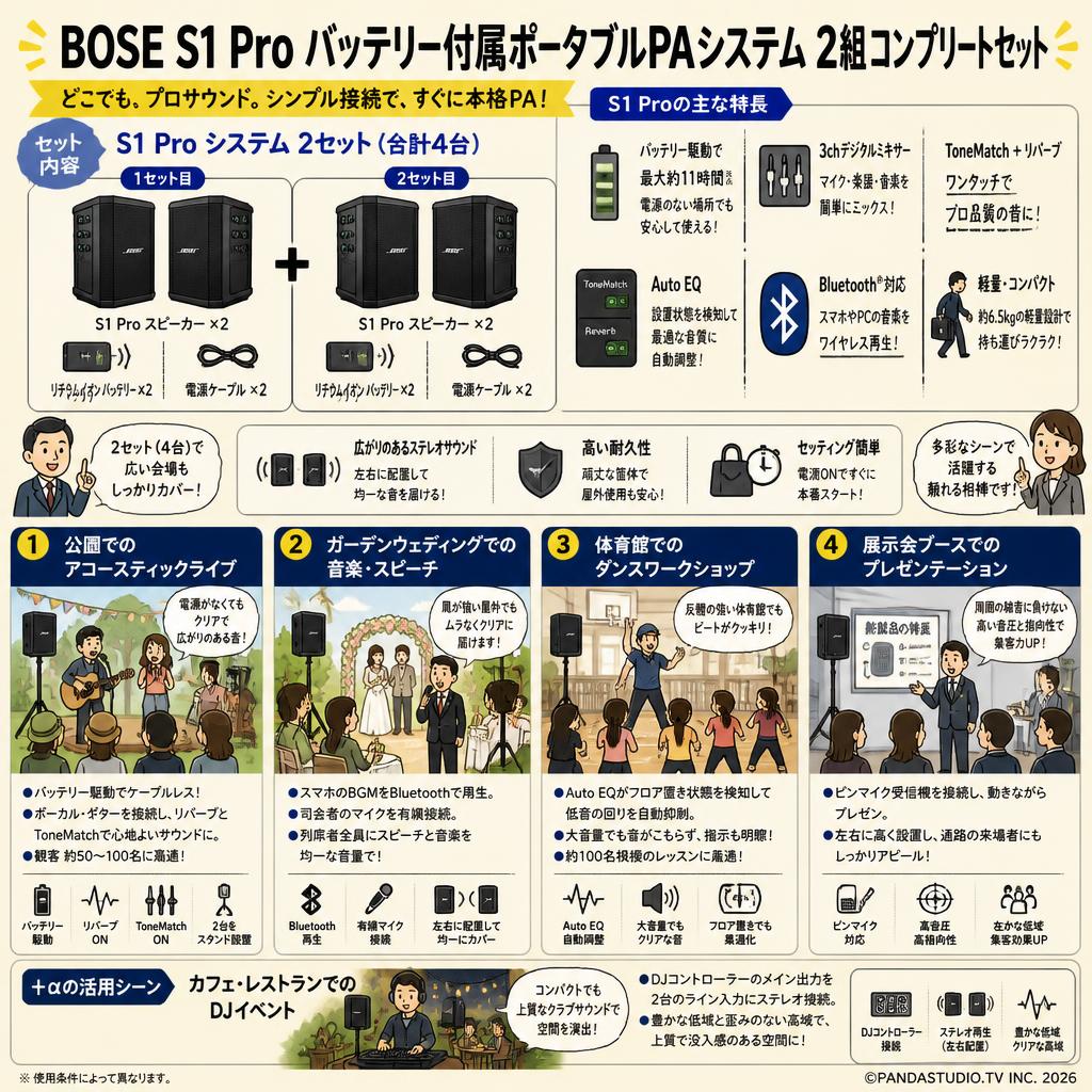 BOSE S1 Pro バッテリー付属ポータブルPAシステム 2組 コンプリートセット 用途