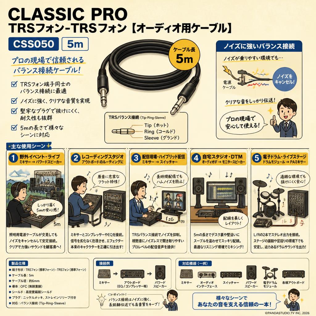 CLASSIC PRO TRSフォン-TRSフォン【オーディオ用ケーブル】 CSS050 5m 用途