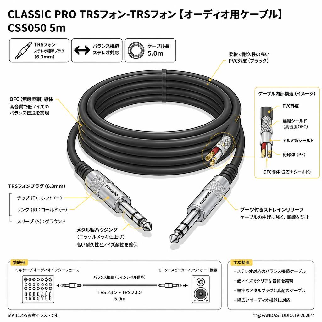 CLASSIC PRO TRSフォン-TRSフォン【オーディオ用ケーブル】 CSS050 5m スペック