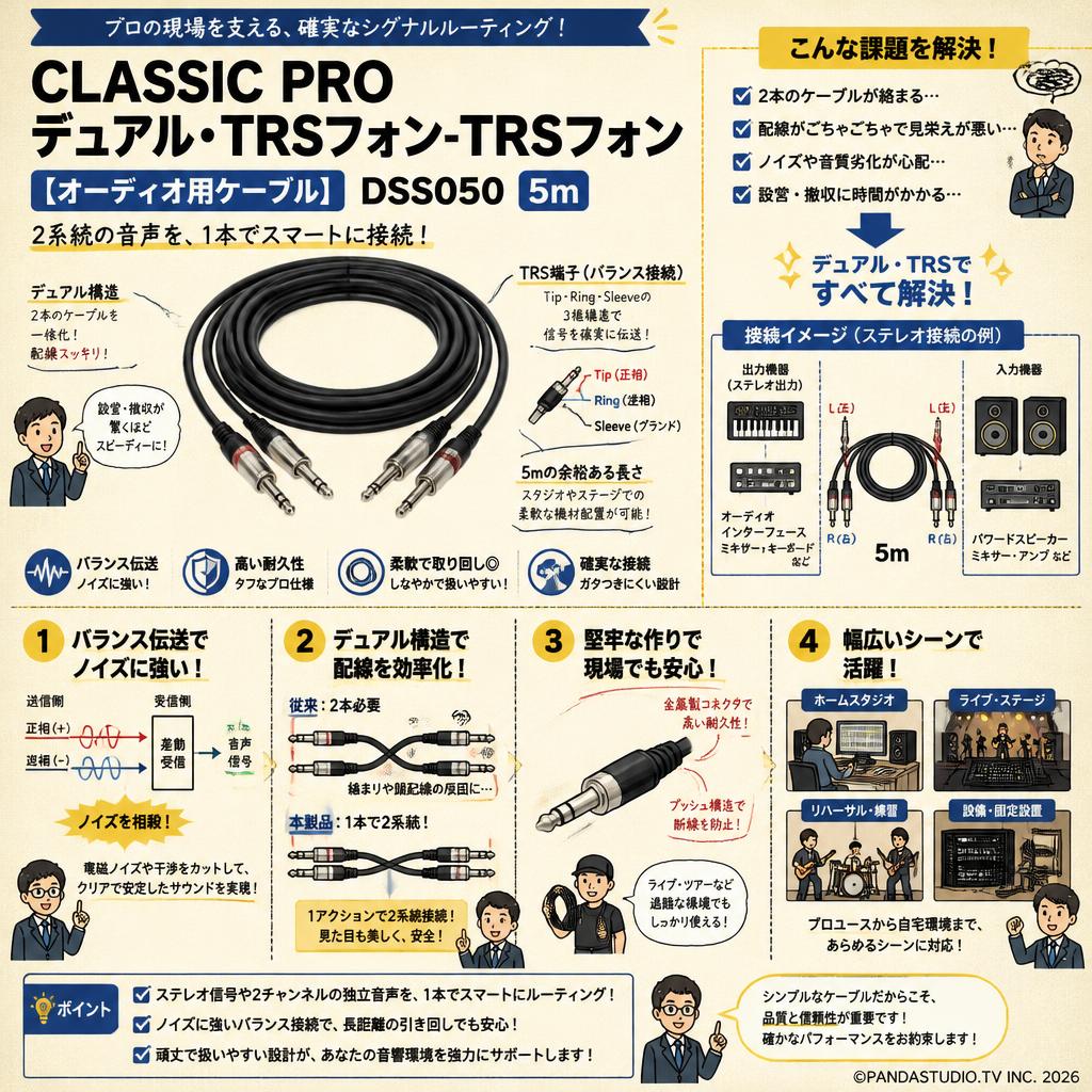 CLASSIC PRO デュアル･TRSフォン-TRSフォン【オーディオ用ケーブル】DSS050 5m 概要