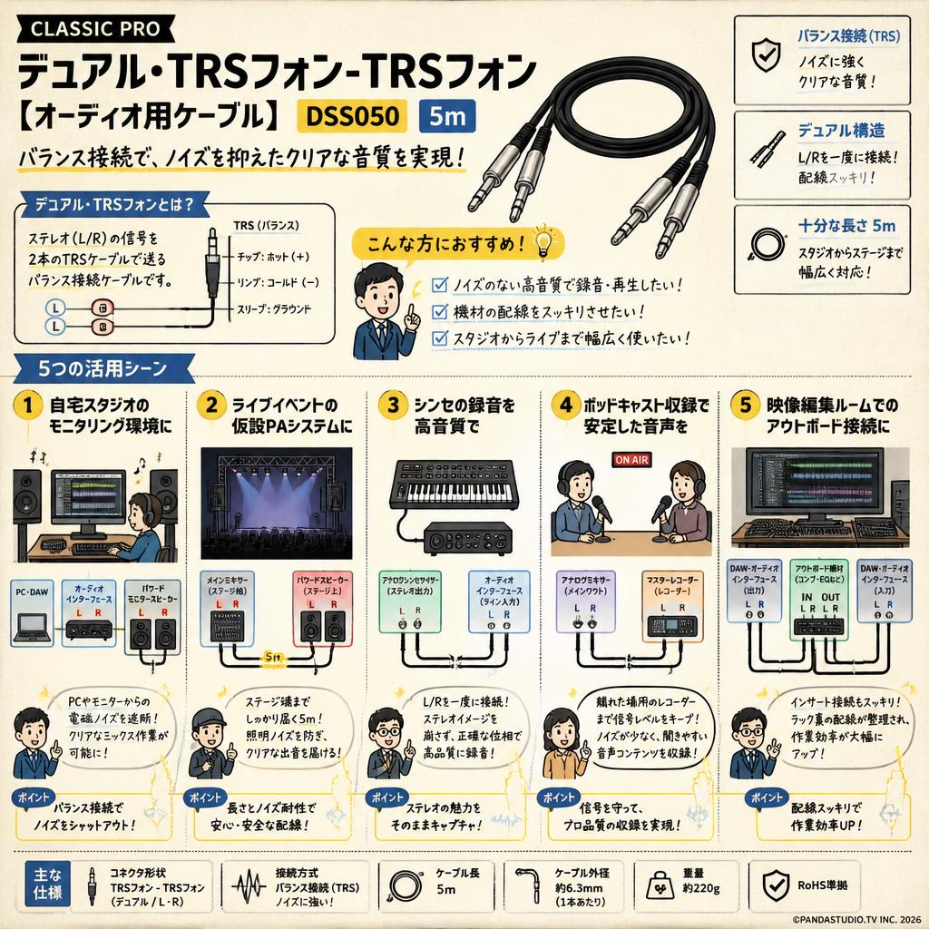 CLASSIC PRO デュアル･TRSフォン-TRSフォン【オーディオ用ケーブル】DSS050 5m 用途