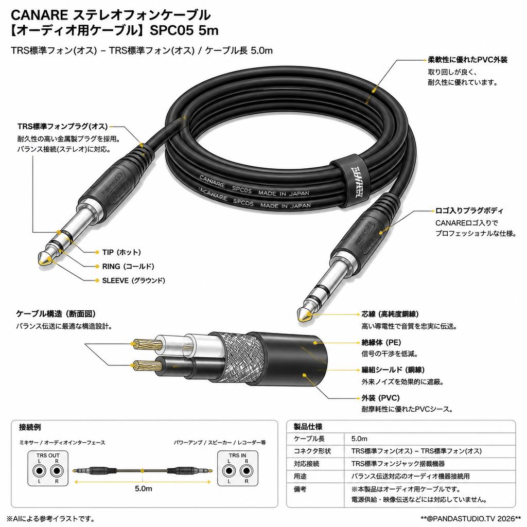 CANARE ステレオフォンケーブル 【オーディオ用ケーブル】SPC05 5m スペック
